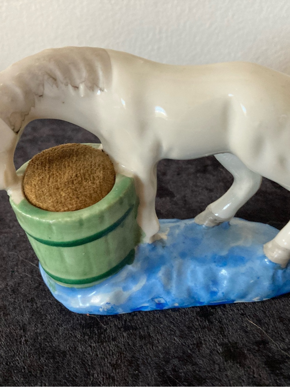 Vintage Japan White Ceramic Horse Pin Cushion Figurine with Green Bucket